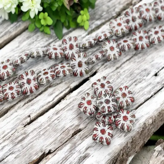 *13* 11mm Antique White Washed Opaque Red Travertine Square Zinnia Flower Beads {4}