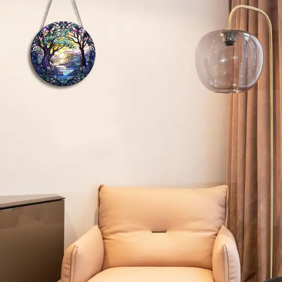 Summer Tree Life Acrylic Window Hanging Nature Round Sun Catcher Round Sun Catcher Home Decor Forest Stained Sun Catcher Window Decor Wall Art for Home Office Decoration (Style B) {5}