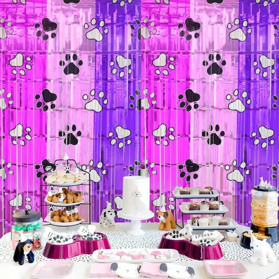 Pink Paw Birthday Decorations, 2 Pack Pink and Light Purple Birthday Party Supplies 3.3 x 6.6ft Tinsel Foil Fringe Curtains Photo Booth Props Backdrop Streamers, House Room Decor for Girls {2}