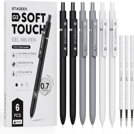 Black Gel Pens, 6Pcs Fine Point Smooth Writing Pens with 3 Extra Refills, Quick Dry Black Ink Pens for Journaling, Office, Note Taking, School Supplies, Nurse Aesthetic(Black Gray White) {1}