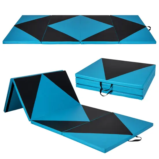 4-Panel PU Leather Folding Exercise Gym Mat with Carrying Handles and Removable Zippered Cover Black & Turquoise {11}