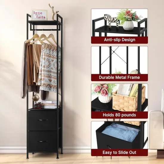 3-Tier Heavy Duty Coat Rack with 2 Fabric Drawers | Black Freestanding Garment Organizer for Bedroom/Entryway | 80lb Capacity Steel Frame & Rust-Proof Design {4}
