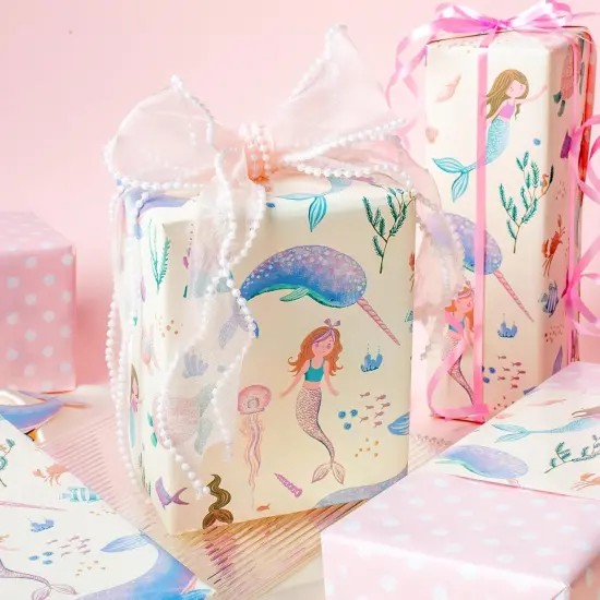 Reversible Mermaid Wrapping Paper Roll- Whale,Turtle and Sea Creature with Pink Polka Dot for Kids,Girls,Baby Shower,Birthday-Mini Roll-17 Inch X 32.8 Feet {2}