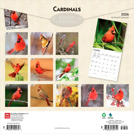 Cardinals | 2026 12 x 24 Inch (Hanging) Monthly Square Wall Calendar | Plastic-Free {2}