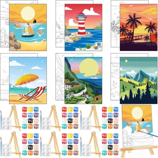 8 x 10 Inch Pre Drawn Canvas Painting with Easel Kits(Landscape) {1}