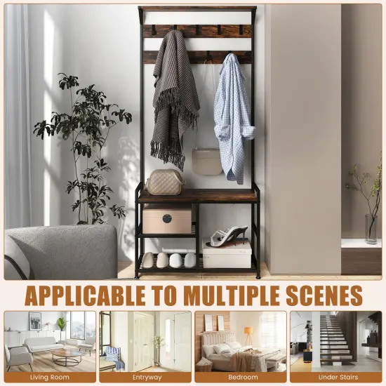 Costway 3-in-1 Coat Rack Industrial Hall Tree Shoe Bench Entryway Storage Shelf with Hooks {5}