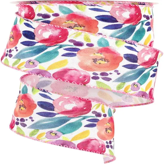 Floral Wired Edge Ribbon Spring Summer Watercolor Flower Ribbon for Bow Wreath Craft Gift Wrap Wedding Birthday Party Home Decor 2.5 Inch {1}