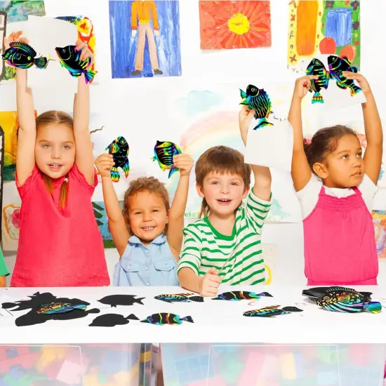 80 Pieces Tropical Fish Scratch Card for Kids Rainbow Ocean Fish Paper Crafts Sea Animal Ornament Under The Sea Party Favors with Wooden Stick and Ribbon for Summer {5}