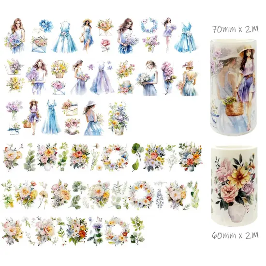 Wrapables Aesthetic Floral Fashion PET Washi Tapes for Scrapbooking, Stationery, Journaling, Diary, Card Making (Set of 2), Blue and Lavender {2}