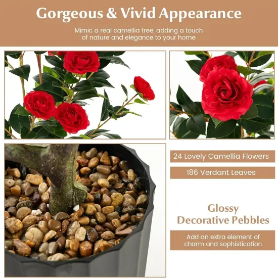 2pcs 38" Artificial Camellia Tree Flower Plant in Yellow Cement Red {2}