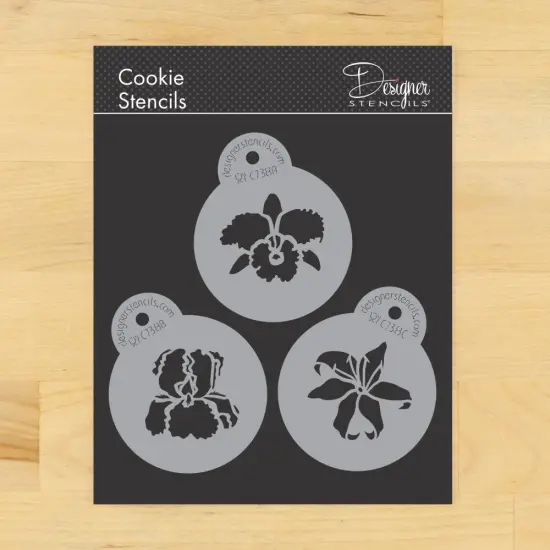 Exotic Flowers Cookie Stencil Set: Orchid, Iris, Lily | C738 by Designer Stencils | Cookie Decorating Tools | Baking Stencils for Royal Icing, Airbrush, Dusting Powder | Reusable Plastic Food Grade Stencil for Cookies | Easy to Use & Clean Stencil {1}
