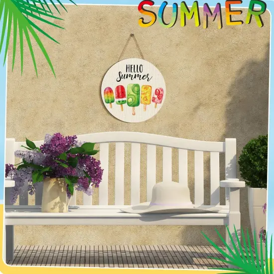 Hello Summer Door Decor Ice Cream Wreath Front Door Hanger Ice Lolly Farmhouse Summer Wooden Hanging Welcome Beach Wall Wreath Sign for Home Seasonal Holiday Porch Office Garden Office {3}