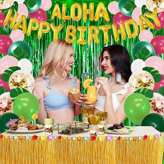 Hawaiian Party Decorations Kit For Adults - "ALOHA"&"HAPPY BIRTHDAY" Banner, Balloons, Cake Topper, Straws, Table Skirt, Dinnerware Set For 25 Guests {2}