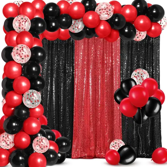 137 Pcs Black Red Party Decorations with 4 Sequin Backdrop Curtain 133 Balloon Arch Kit 2025 Graduation Decorations Birthday Party Photo Backdrop for Wedding Anniversary Decor {1}