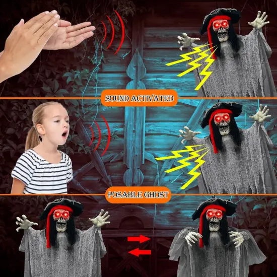 [ Sound Activated & Large ] 70 Inch Halloween Animatronic Hanging Talking Pirate Ghost {3}
