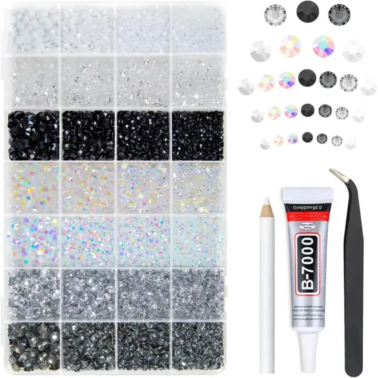 28 Types Black White Transparent Flatback Resin Rhinestones with Glue - 3-6mm (Neutral Series) {1}