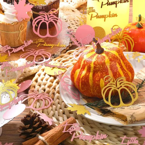 400 PCS Fall Little Pumpkin Maple Leaf Confetti Pink and Gold - Vivid Style {2}
