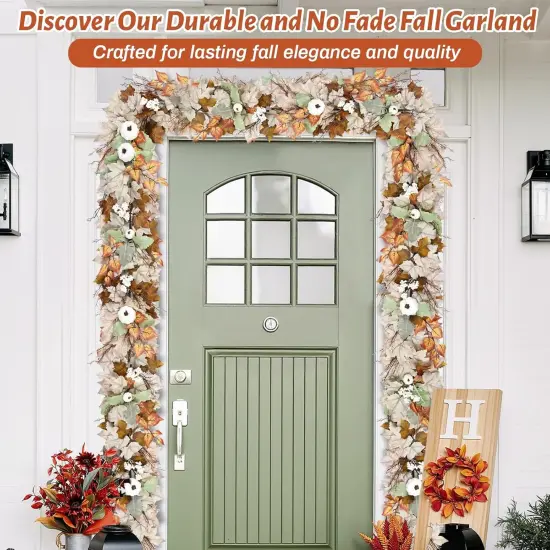 Fall Garland with Lights, White Pumpkins Berries & Maple Leaves - 1PC {5}