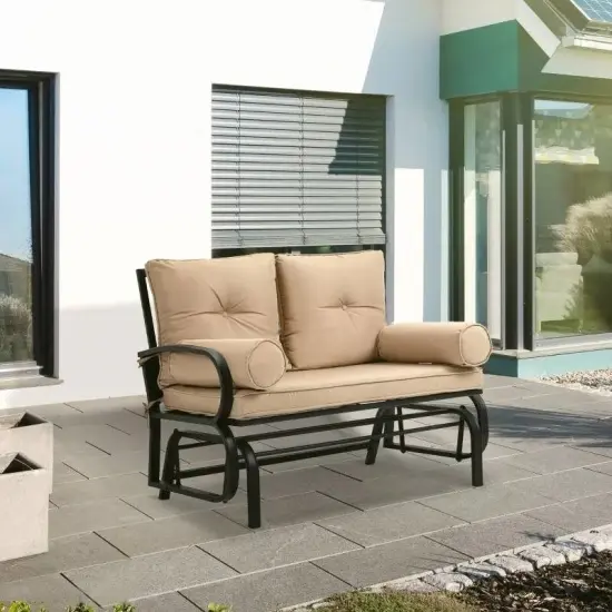 Steel Porch Glider Chair Loveseat with Cushions and Smooth Rocking Motion Tan-Khaki {2}