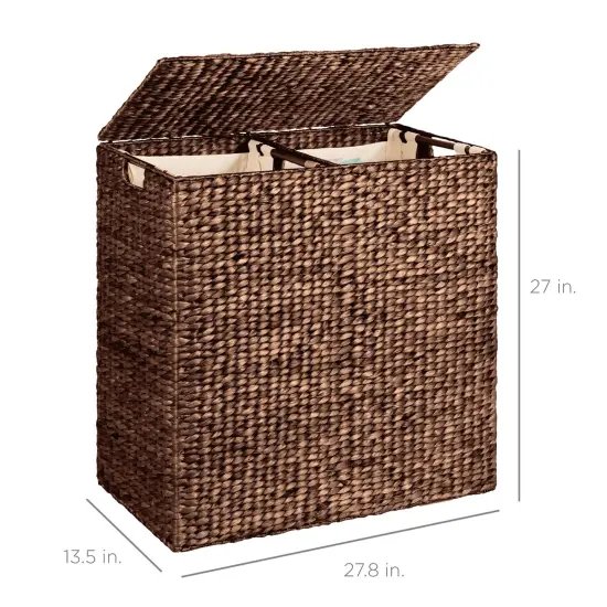 Espresso Water Hyacinth 2-Bin Laundry Hamper with Lid and Canvas Liners {3}