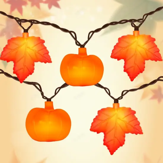 8.5Ft LED Fall Maple Leaf Pumpkin String Lights - Orange {1}