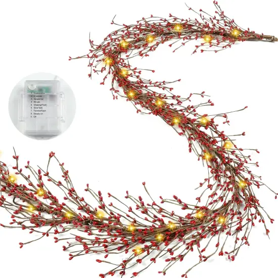 6FT Red Berry Garland with Lights {2}