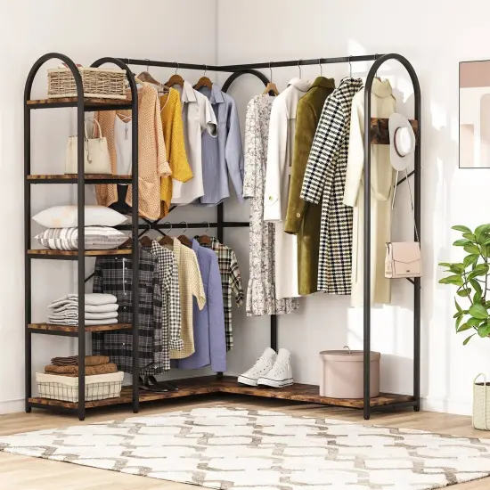 Industrial L Shaped Corner Closet Organizer with Shelves and Garment Rods for Bedroom Storage {4}