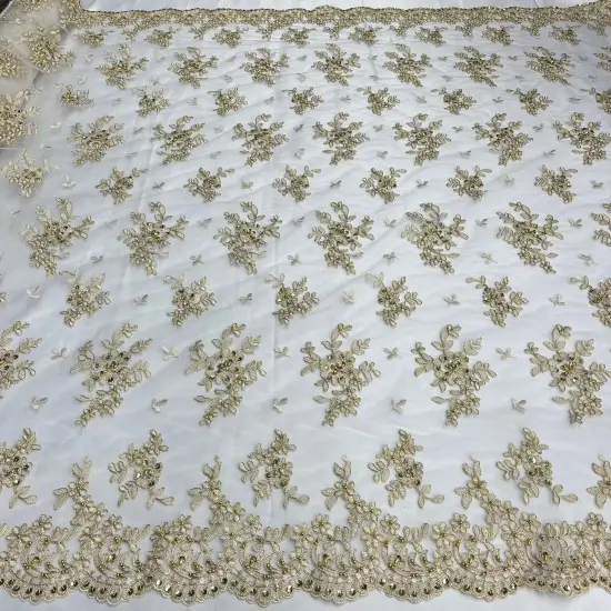 1 Yard Luxurious Beaded and Corded Bridal Lace Fabric Embroidered on 100% Polyester Net Mesh 52 inch Width White-HB {5}