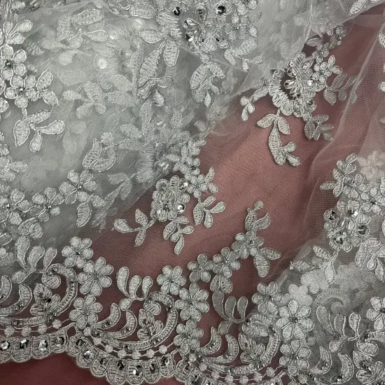 1 Yard Luxurious Beaded and Corded Bridal Lace Fabric Embroidered on 100% Polyester Net Mesh 52 inch Width Ivory {3}