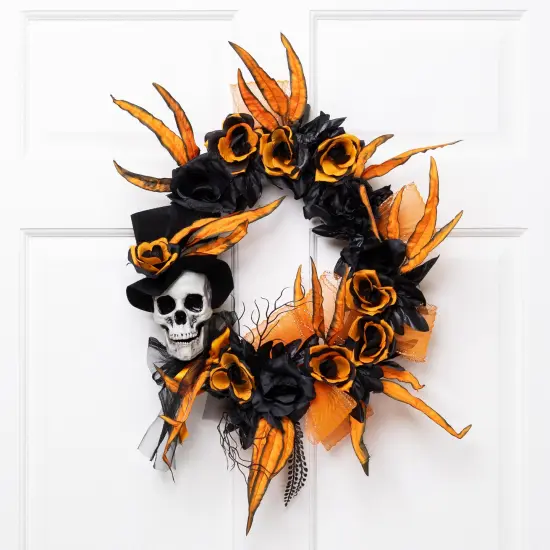 Northlight Skull with Roses Artificial Halloween Wreath - 14" - Black and Orange - Unlit {1}