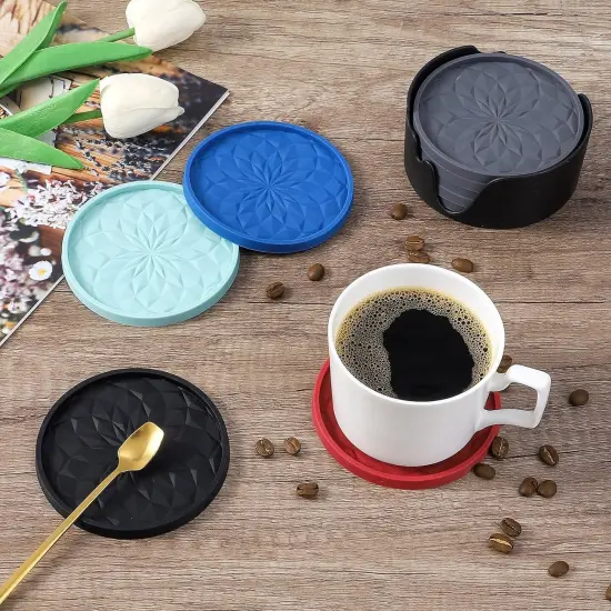 6 Silicone Coasters with Holder - Orange {5}
