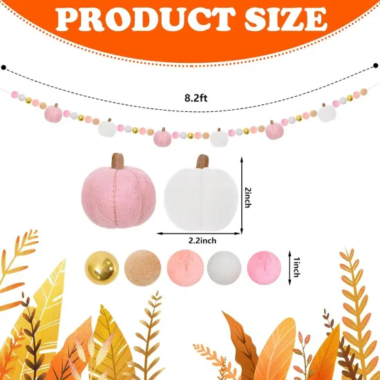 8.2Ft Fall Felt Garland 3D Pink White Pumpkin with Gold Bead Hanging Banner {2}