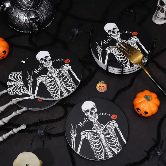 6Pcs Halloween Skeleton Coasters Spooky Skeleton Ceramic Coasters {5}