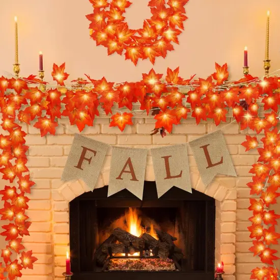 20FT Fall Decor - 2 Pack Fall Leaves Garland with Lights Banner {1}