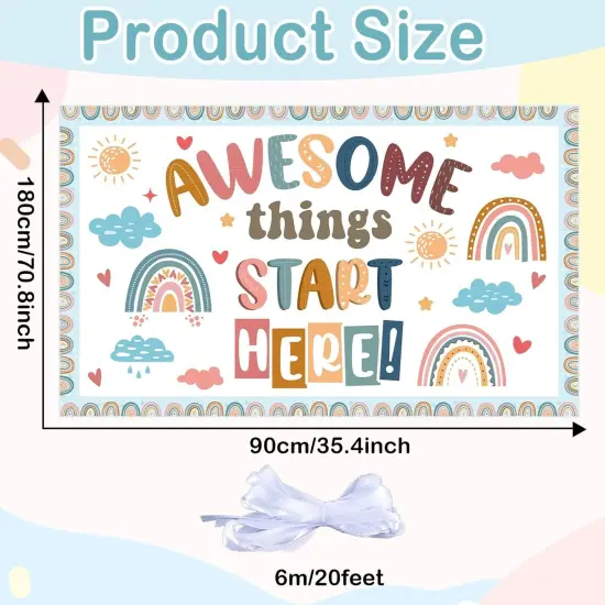 Back to School Classroom Decorations Boho Motivational Inspirational Quotes Backdrop Awesome Things Start Here Hanging Banner Photo Booth Props Background for School Hallway Home Wall Decor {2}