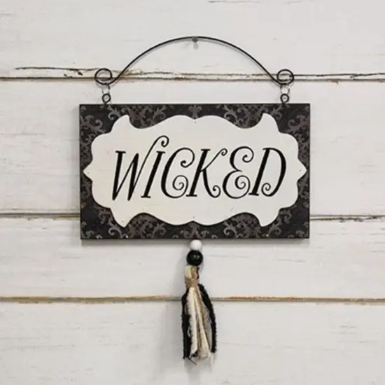 Spooky Wicked Halloween Wall Decor Damask Wooden Sign with Tassel for Home or Door Display {2}