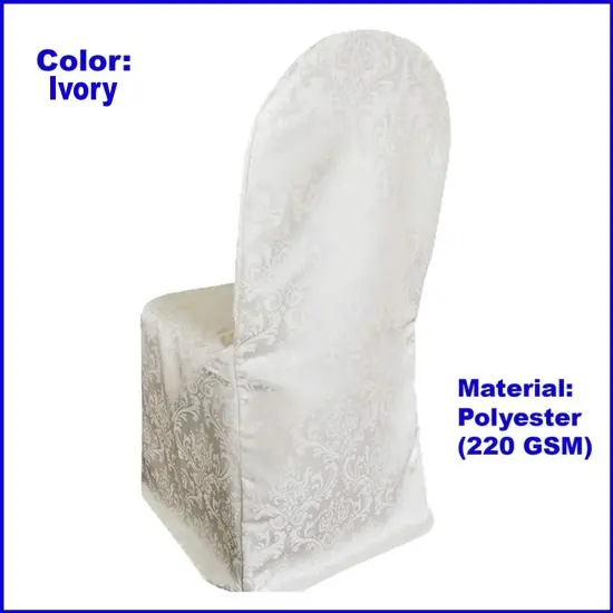Ivory Damask Chair Cover, Elegant Floral Jacquard Polyester Slipcover for Banquet Seating {1}