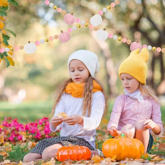 8.2Ft Fall Felt Garland 3D Pink White Pumpkin with Gold Bead Hanging Banner {5}