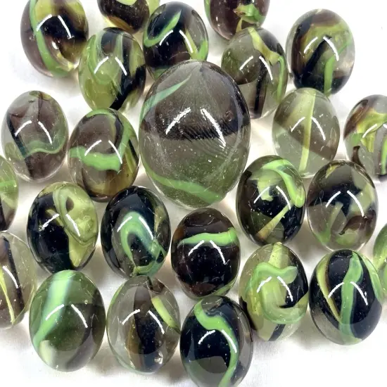 25 Glass Marbles BIGFOOT Clear/Green/Brown Shooter game Pack Swirl {3}