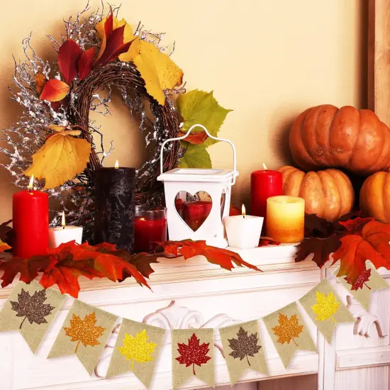 Fall Burlap Banner Glitter Maple Leaf {2}