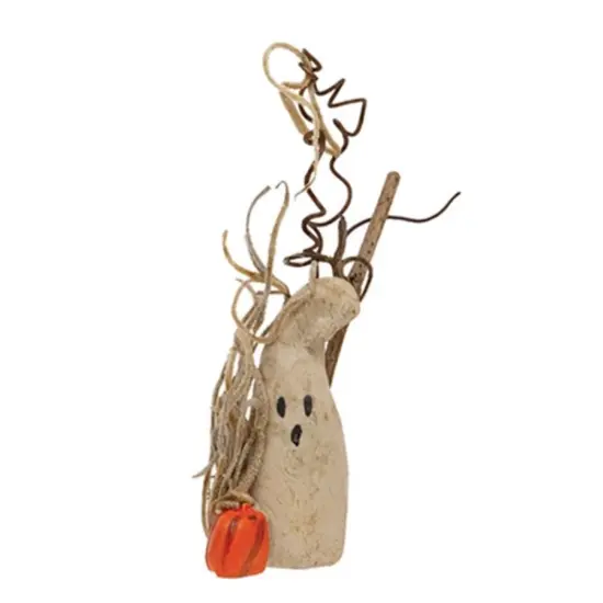 Friendly Resin Ghost Figurine with Pumpkin and Twig Accents {3}