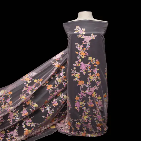 1 Yard Tulle Lace Fabric with Multicolor Glitter Floral Design, 58&Prime; Wide Pink {6}