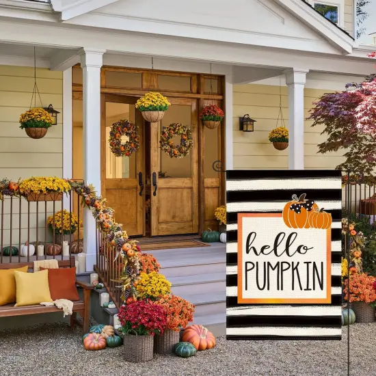 Hello Pumpkin Fall Garden Flag 12 x 18 Inch Watercolor Stripes Double Sided {2}