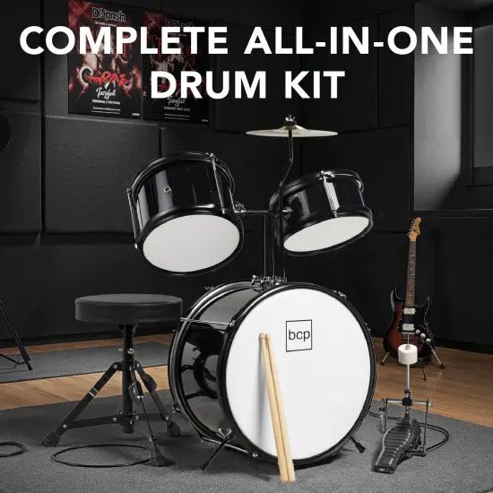 Best Choice Products Kids Beginner 3-Piece Drum, Musical Instrument Set w/ Sticks, Cushioned Stool, Drum Pedal Black {3}
