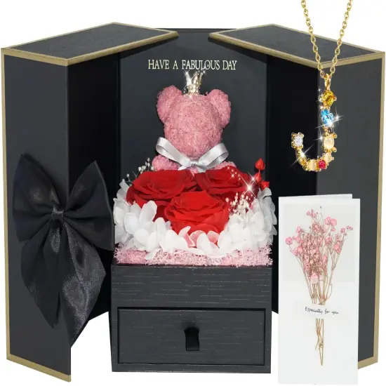 Preserved Rose Box with Personalized Initial Letter Necklace J {1}