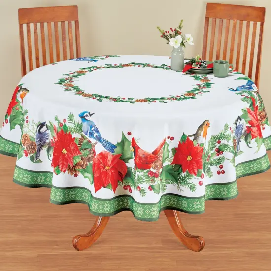 Collections Etc Birds Poinsettia Tablecloth {1}