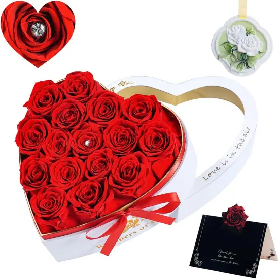 16 Red Real Preserved Rose Flowers in a Heart,Luxury Forever Roses {1}