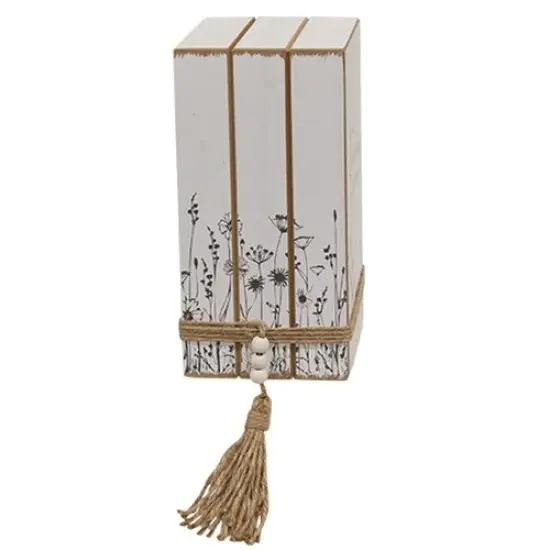 Spread Kindness Like Wildflowers Wooden Book Stack Distressed White Finish with Sketched Wildflowers {2}