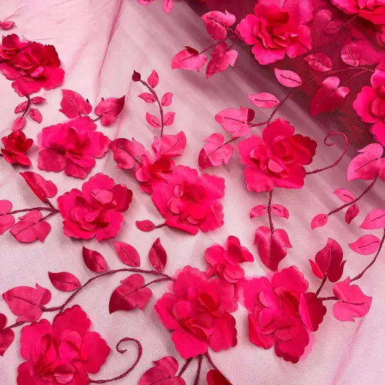 1 Yard 3D Floral Lace Fabric Embroidered Soft Tulle Net Mesh Wedding 50" Width Pink {4}