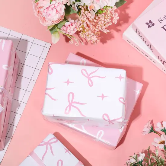 8 Sheets Pink Bow Wrapping Paper - Not Roll - Pink White Coquette Bowknot Gift Wrap Paper Folded Flat for DIY Crafts Birthday Baby Shower Bachelorette, 19.7 x 27.6 Inch {4}